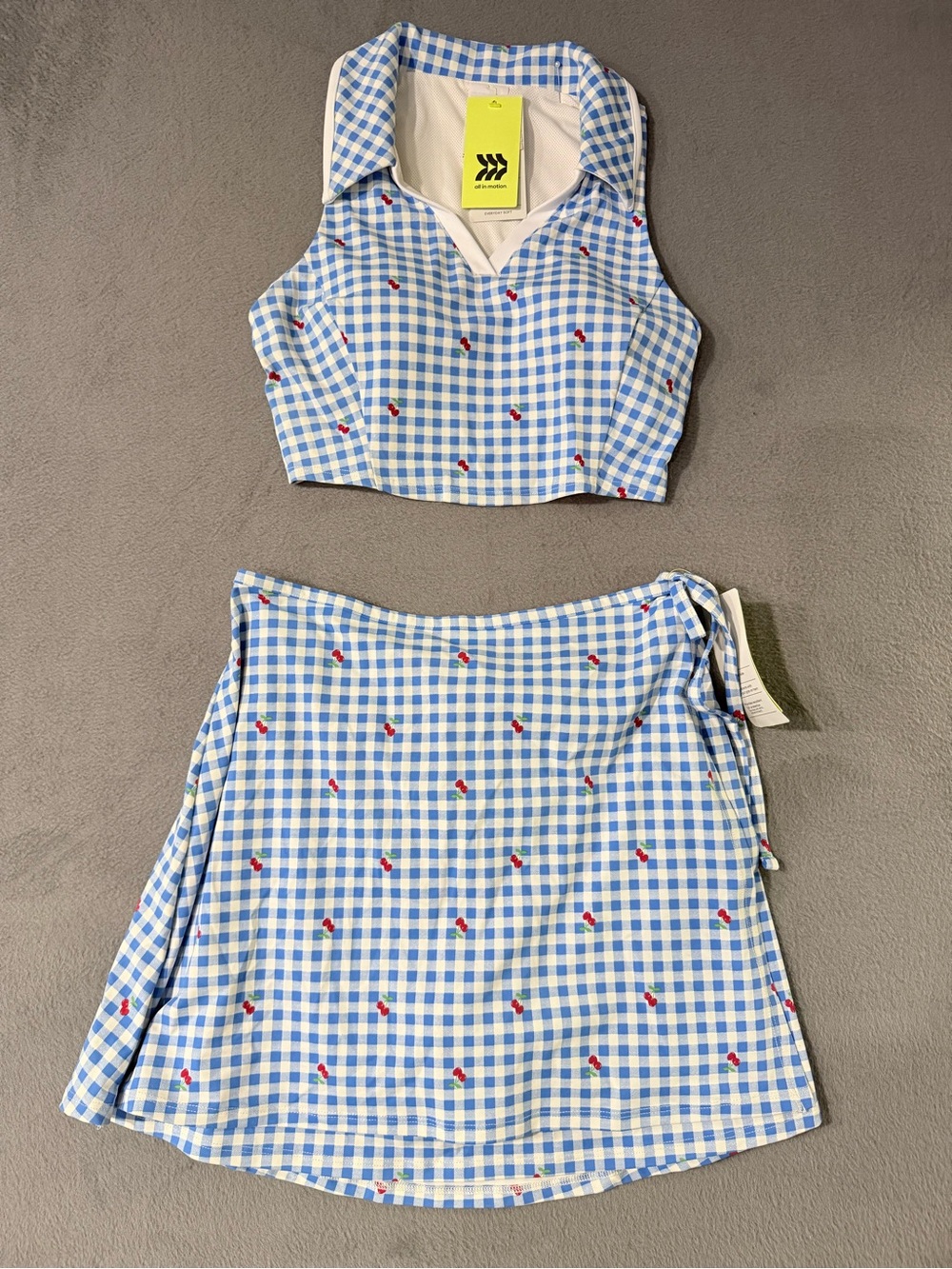all in motion - Blue Gingham Sports Bra & Wrap Skort Set with Red Cherry Print